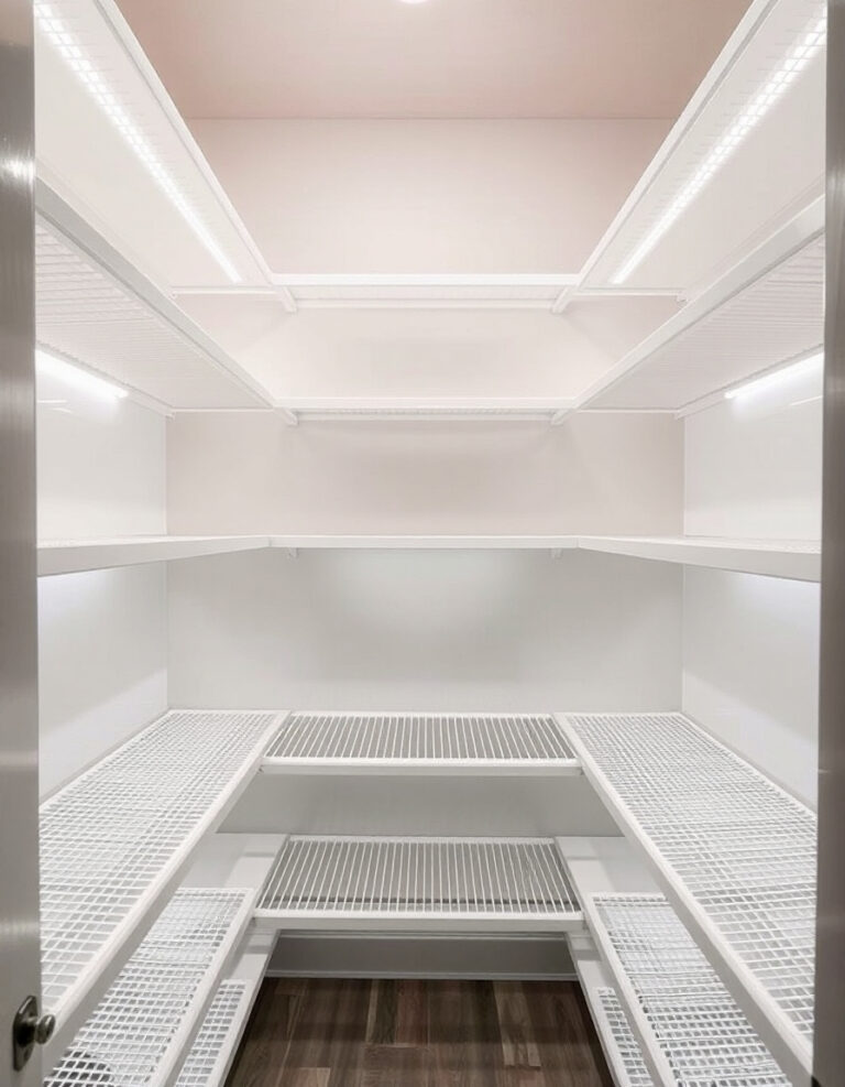 Bright pantry with empty shelves and LED strip lights