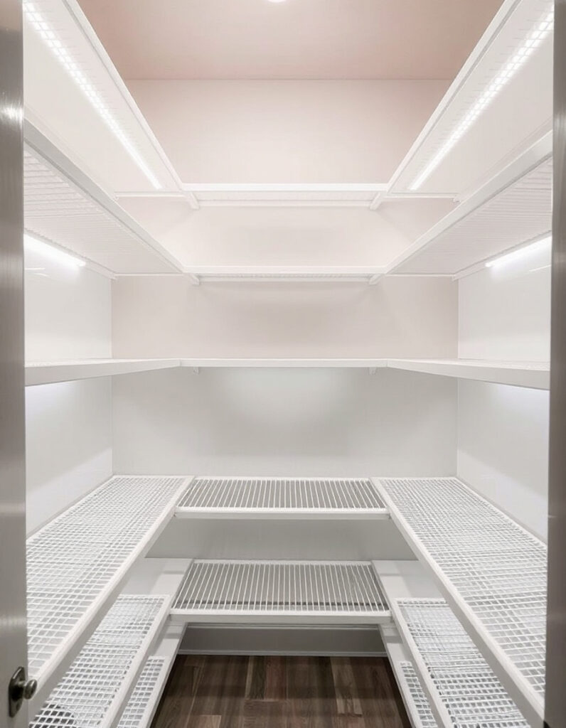 Bright pantry with empty shelves and LED strip lights