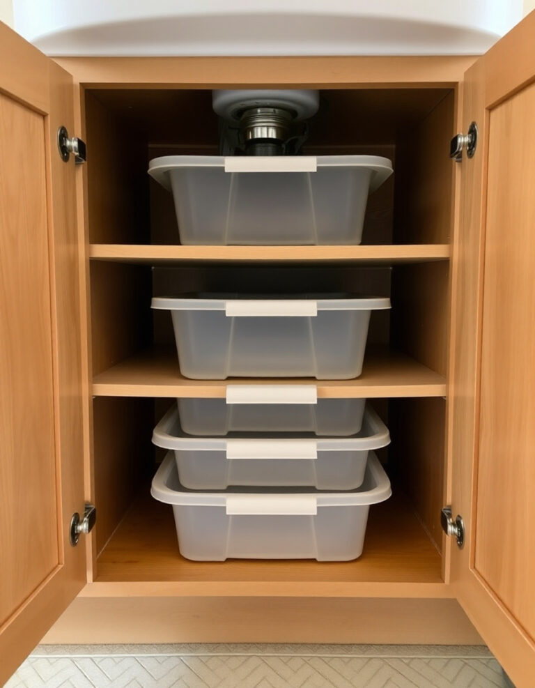 Organized under-sink cabinet with empty bins and shelves