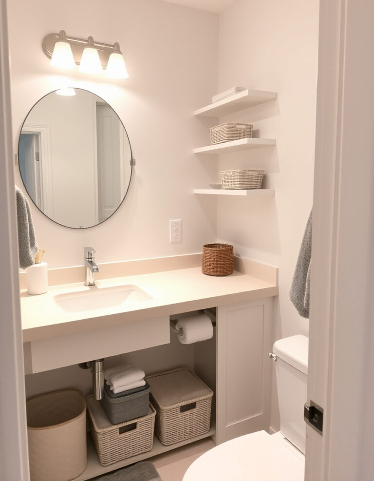 Small bathroom with clear counters, simple storage trays, floating shelves, and organized drawers showing practical ideas to reduce clutter in tiny spaces.