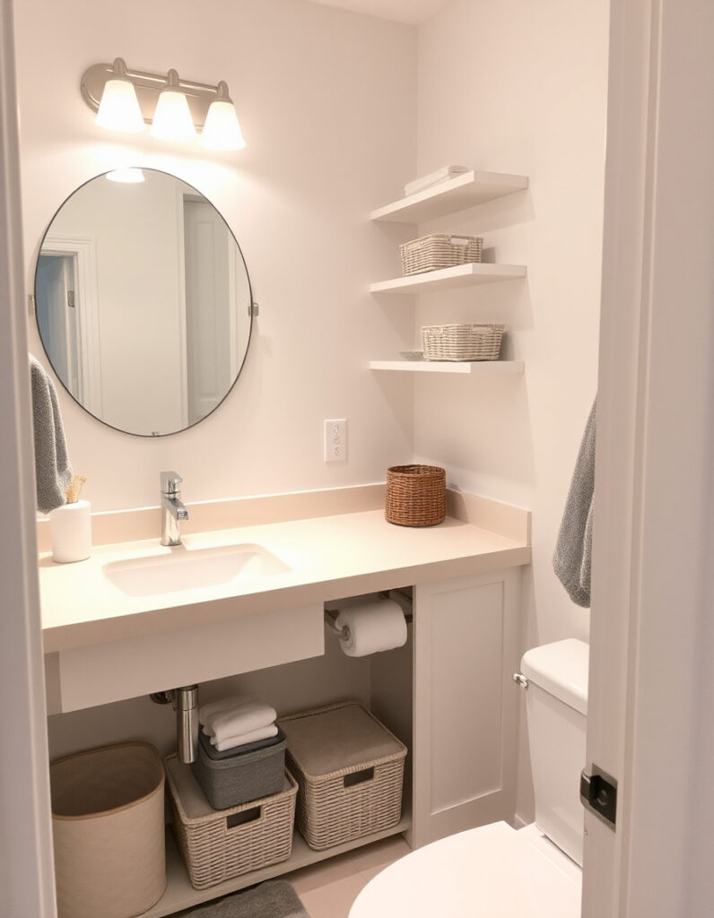Small bathroom with clear counters, simple storage trays, floating shelves, and organized drawers showing practical ideas to reduce clutter in tiny spaces.
