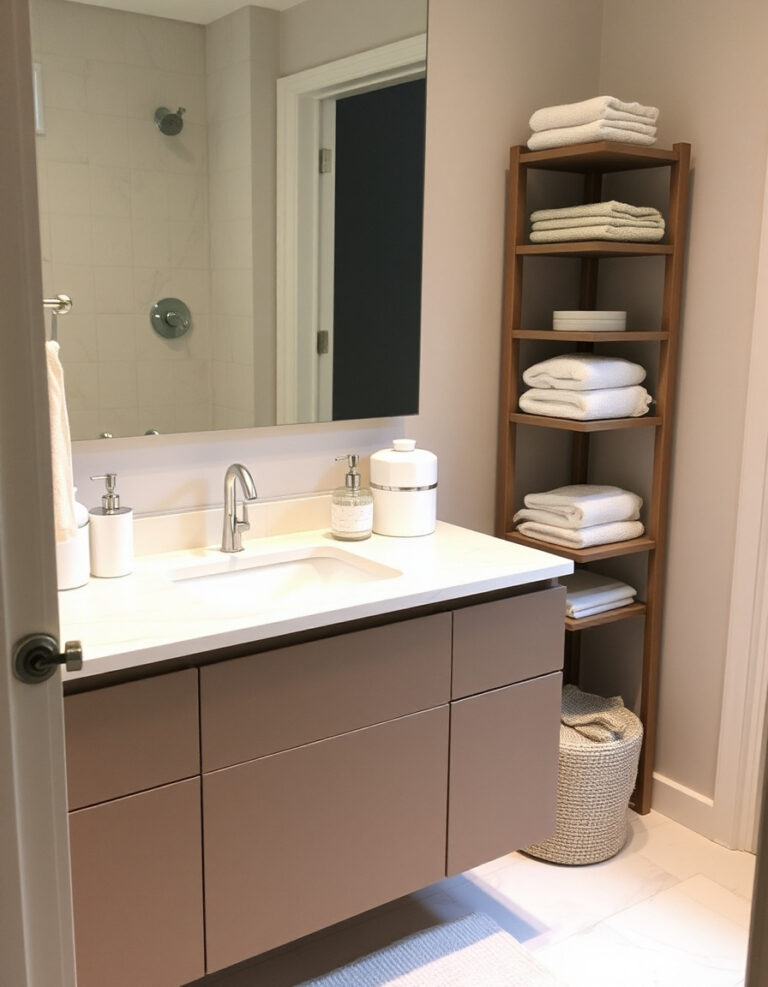 Minimal bathroom counter with daily essentials neatly contained on a matching storage containers, and reduced visual clutter for a small modern bathroom.