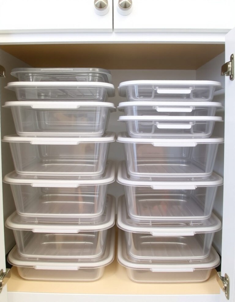 Organized kitchen cabinet with empty stackable meal prep containers, vertical lid dividers, and shelf risers for tidy food container storage.