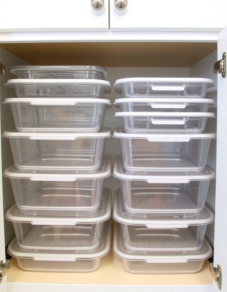 Organized kitchen cabinet with empty stackable meal prep containers, vertical lid dividers, and shelf risers for tidy food container storage.