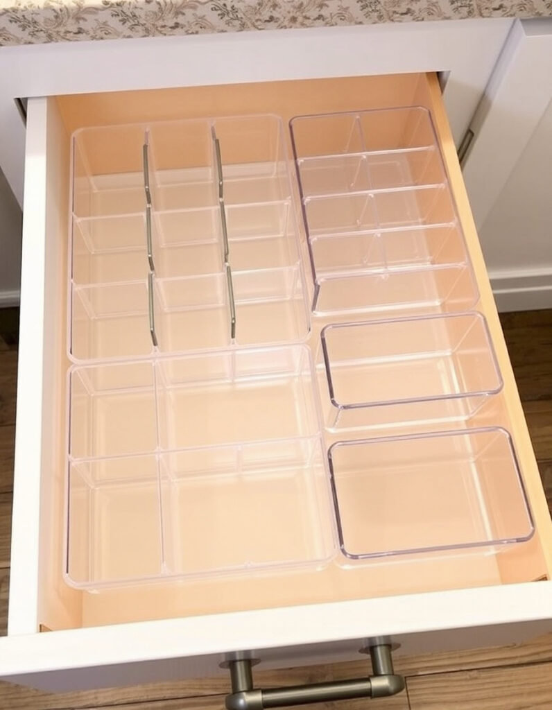 Empty kitchen drawer with clear acrylic dividers and trays neatly arranged for organized storage.