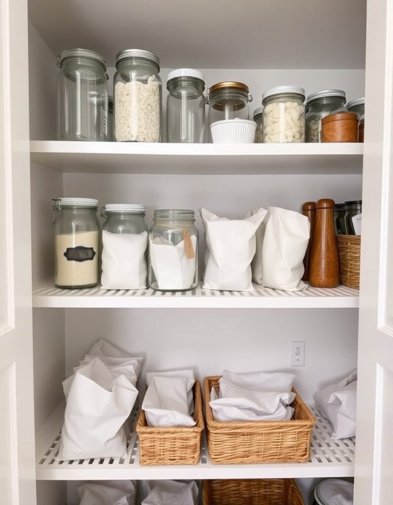 Minimal pantry shelf with empty jars, pouches, and baskets organized neatly for baking storage.