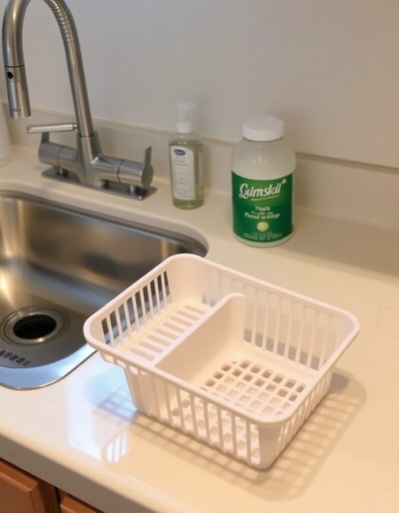 Empty sink caddy placed beside a clean kitchen sink on a clutter-free counter.