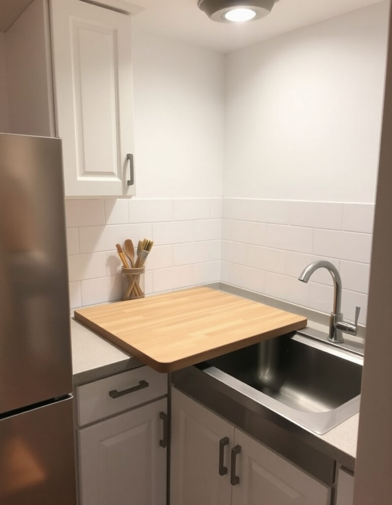 Small kitchen with clean empty countertops and over-sink prep board for added workspace