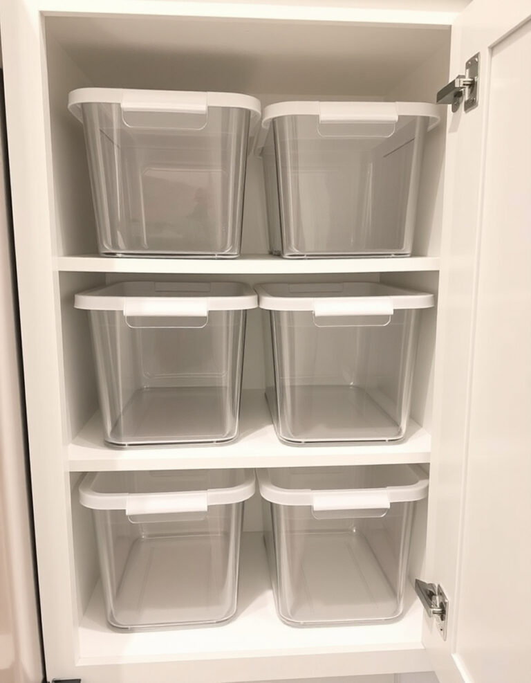 Empty clear bins neatly arranged inside a clean white corner kitchen cabinet.