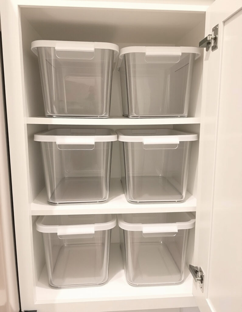 Empty clear bins neatly arranged inside a clean white corner kitchen cabinet.