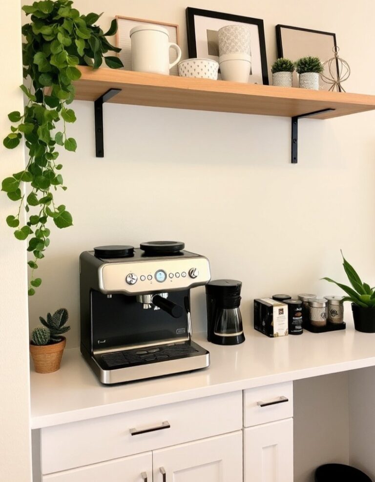 A neatly organized home coffee station with an espresso machine