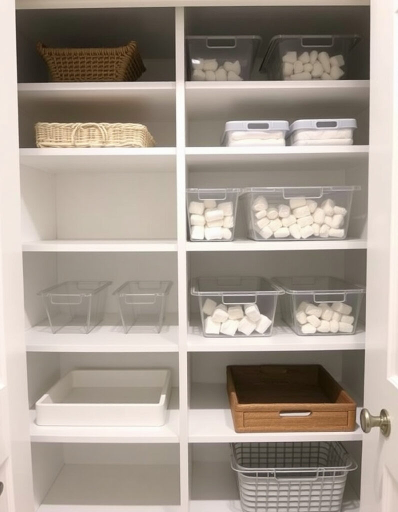 Minimal organized pantry with empty clear bins and baskets on bright white shelves.