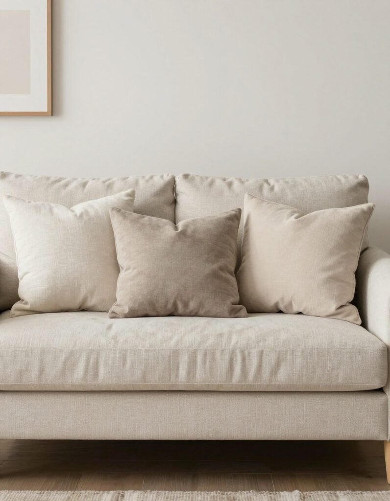 Neutral sofa with neatly arranged throw pillows in a simple living room setting.