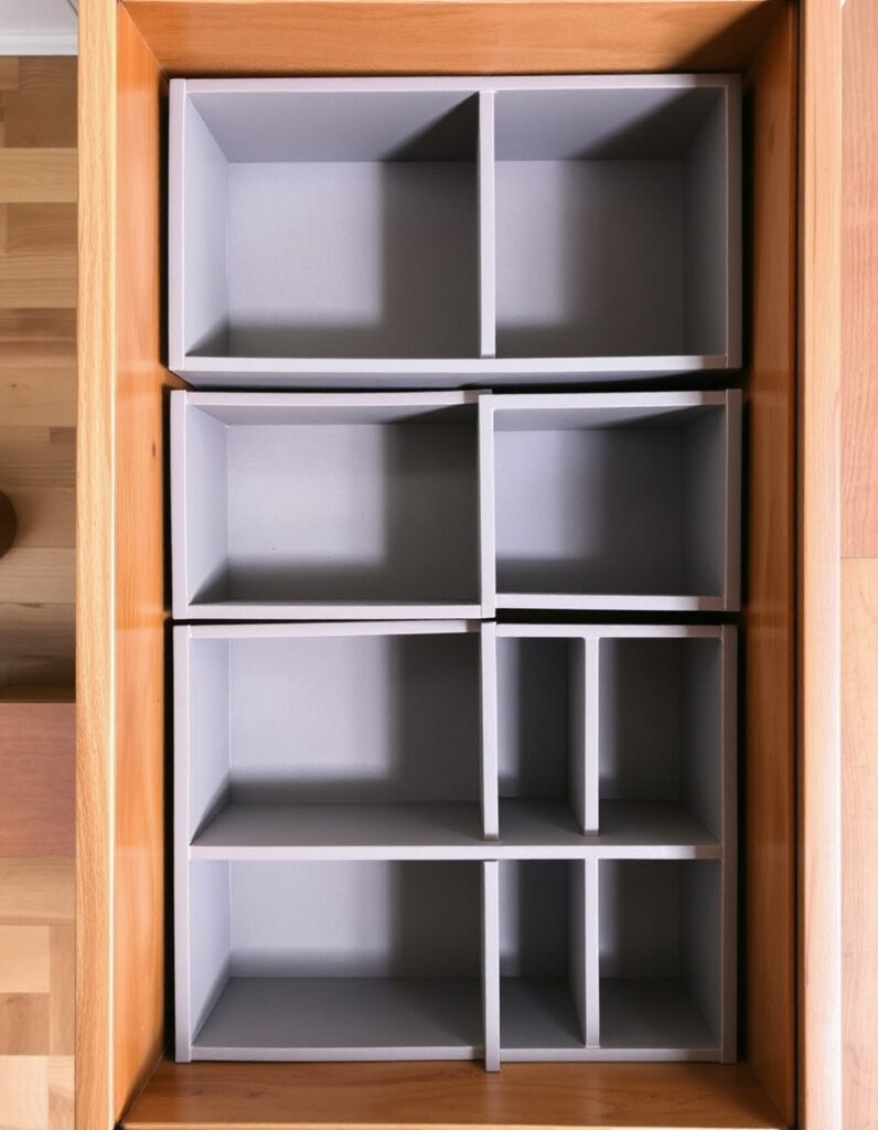 neatly organized junk drawer with empty drawer organizers arranged in sections.