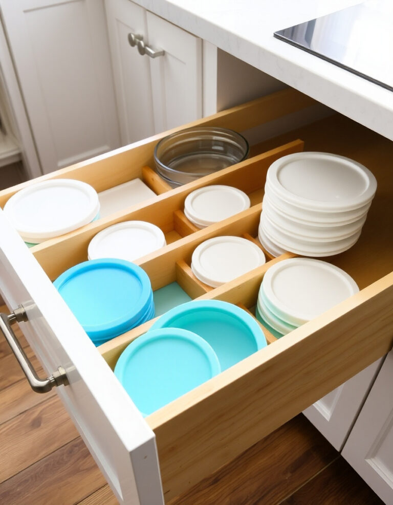 Drawer dividers creating sections for different sizes of plastic container lids