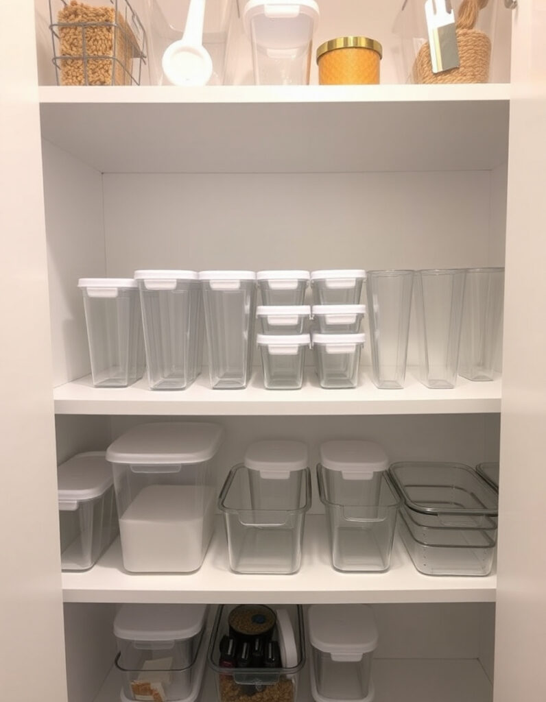 Empty clear containers neatly arranged on clean white pantry shelves.